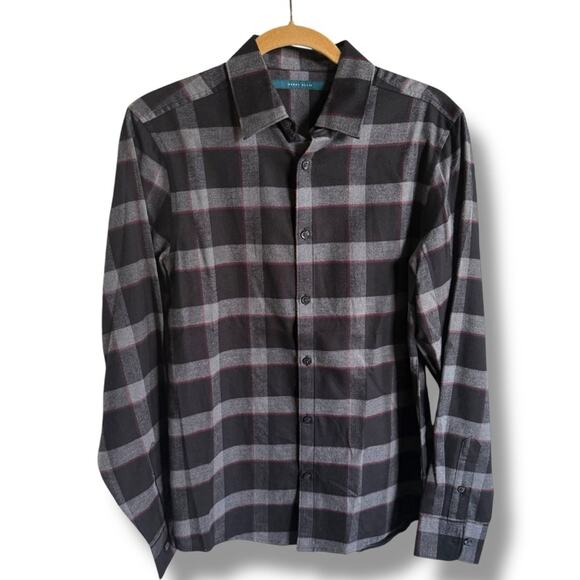 Perry Ellis Black and Gray Plaid Casual Shirt Burgundy Flannel Sz Small - Picture 1 of 6
